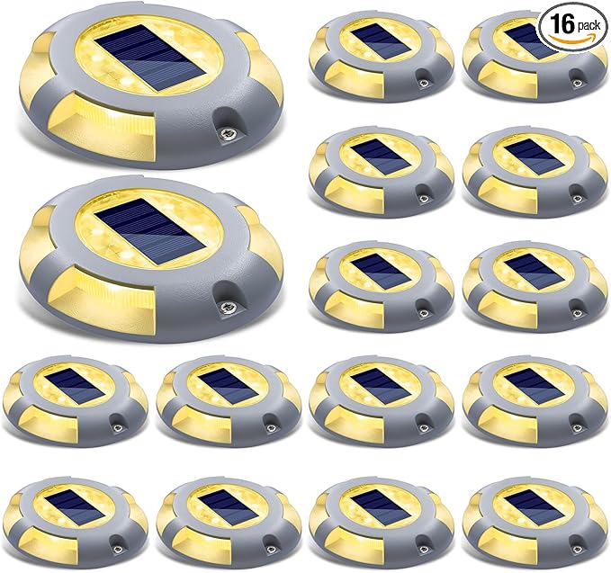 SIEDiNLAR Solar Deck Lights Dock Driveway Light LED Solar Powered Outdoor Waterproof Road Markers for Pathway Step Stair Garden Ground Sidewalk Yard 16 Pack (Warm White)