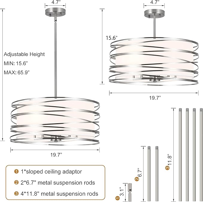 19.7'' Brushed Nickel Drum Chandeliers for Dining Room, 5-Lights Kitchen Chandeliers Over Table, Entryway Light Fixture Hanging, Industrial Round Chandelier for Living Room Stairwell Bedroom