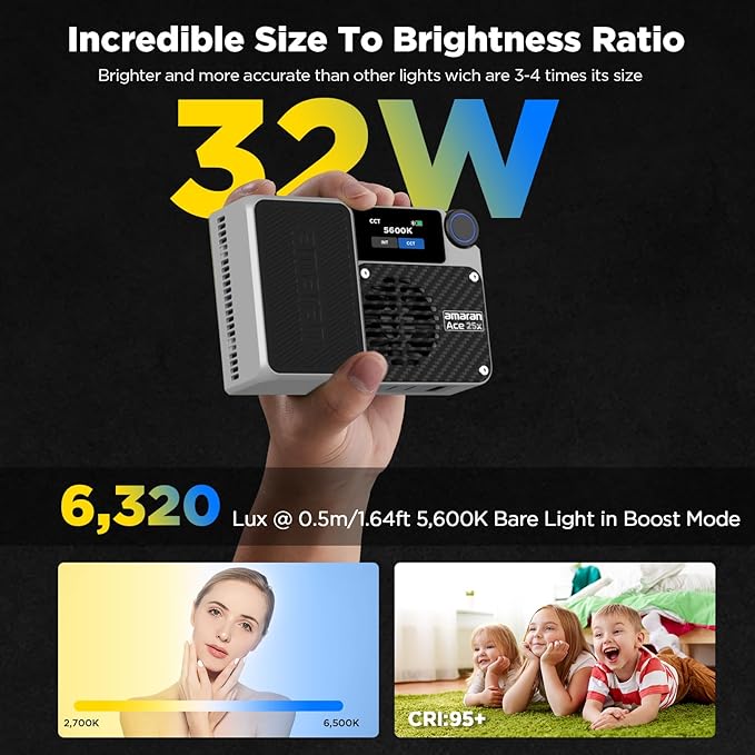Amaran Ace 25x Pocket Bi-Color LED Light: Boost Mode Up to 32W, Bi-Color Mini Video Light (2,700-6,500K), 1,636 Lux@1m, 4,500mAh Battery with PD Fast Charging for Mobile Creators (Silver)