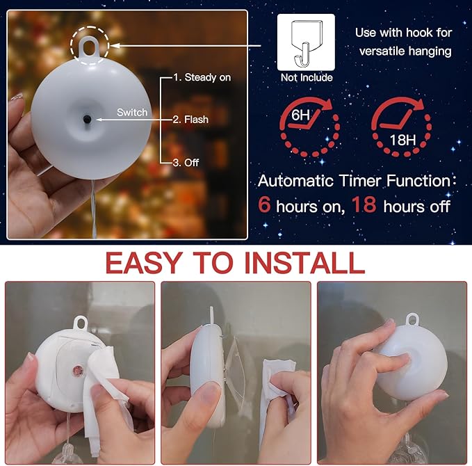 suddus Christmas Window Lights Decorations, 3Pcs Tree-Jingle Bell-Deer Shaped Xmas Lights Battery Powered with Suction Cups & Timer, Hanging String Lights Indoor for Tree, Fireplace, Multicolor