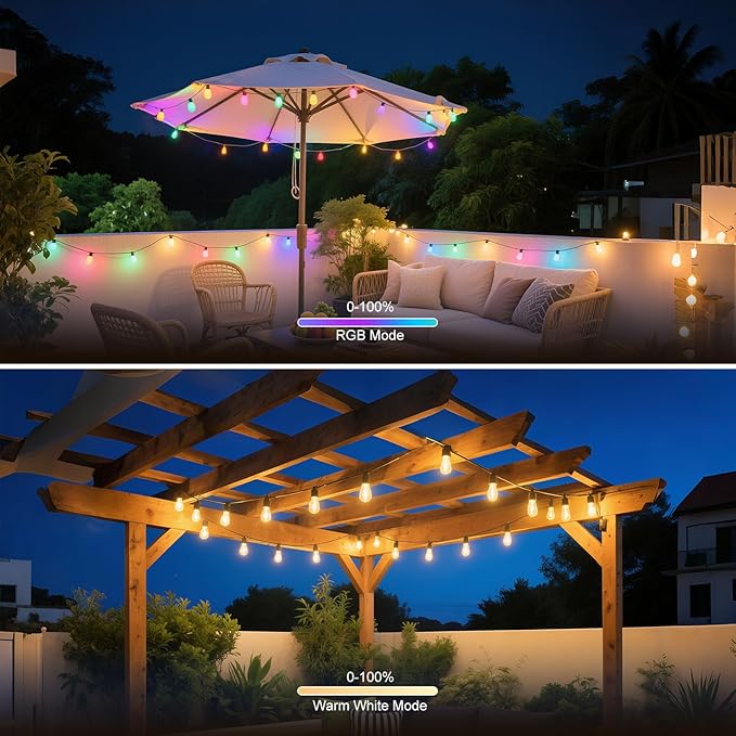 Outdoor String Lights 96ft(2×48ft), Patio Lights with 30 Dimmable LED Bulbs, RGBW & Warm White, IP66 Waterproof, Shatterproof, APP & Remote Control, Color Change, Customizable for Backyard