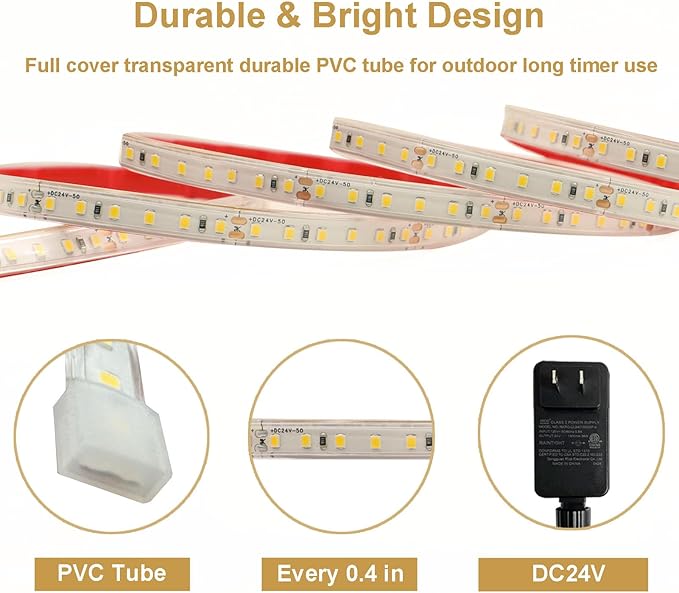 echosari 65.6Ft LED Strip Lights, 2700K Ultra-Bright Strip Lights with Timer Dimmable, 2400 LEDs Flexible Tape Lights Outdoor Waterproof Light Strip for Pool Pathway Balcony Patio (Warm White)