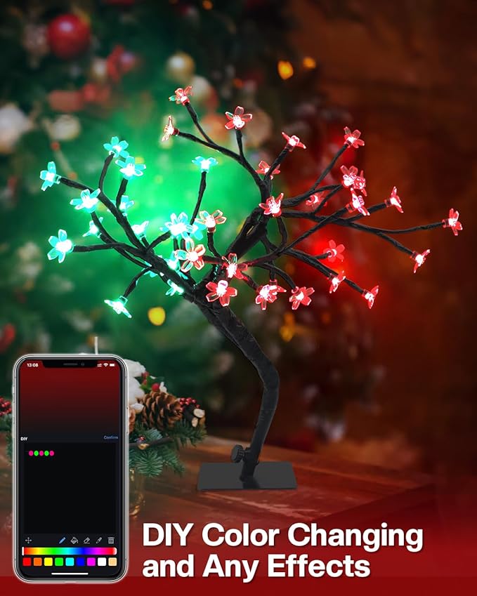 Easter Decorations – Smart RGB LED Cherry Blossom Tree Lamp, 16 Inch 40LED USB Lighted Bonsai, App Control Music Sync Timer, Easter Basket Stuffers for Adults, Spring Table Centerpiece