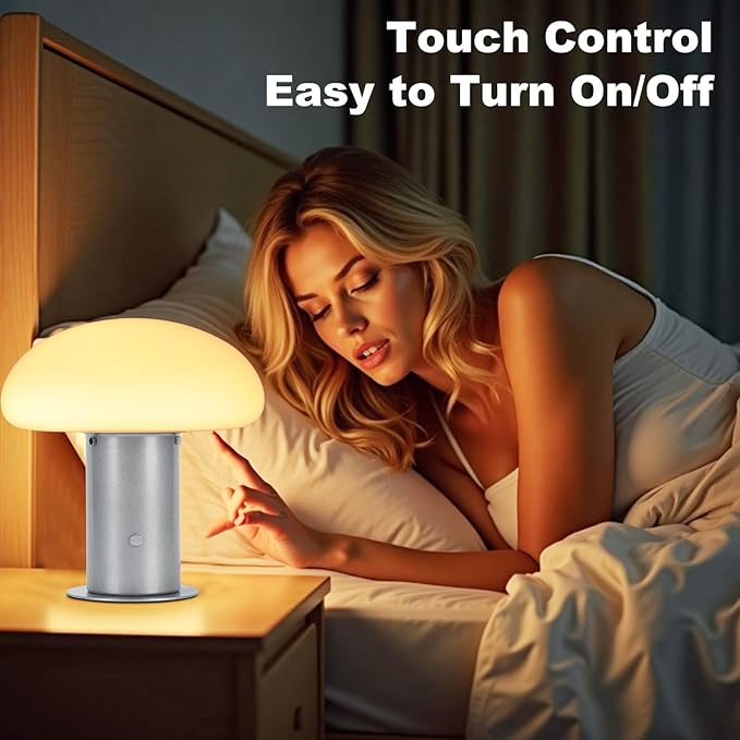 Mushroom Lamp, Retro Table Lamp with Touch Control Switch, 3 Way Dimmable Nightstand Lamp for Bedroom and Living Room, 6W LED Bulb Included (Silver)