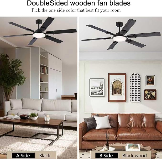 66 Inch Large Ceiling Fans with Lights and Remote, Black Modern Indoor/Outdoor Ceiling Fan for Living Room Kitchen Patio, 6 Speed Reversible DC Motor, 3 CCT Lighting, Dual Finish 6 Blades
