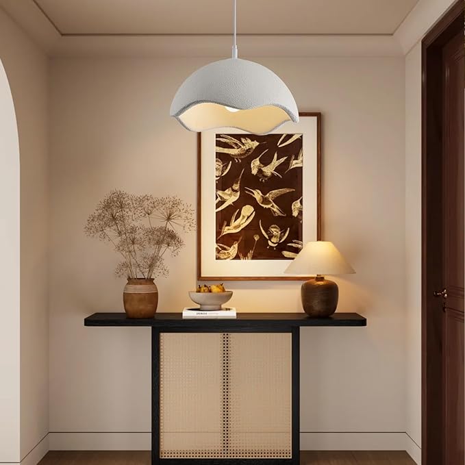 JAYMP 15.7" Modern Pendant Light for Dining Room Kitchen Island Light Hanging Lamp E26 Base Japanese Wabi-Sabi Style Bird Nest Shape Lighting Fixture, 1 Pack (Matte White,D Shape, 40cm/15.7inch)
