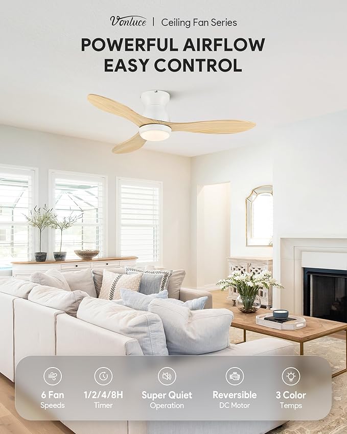 VONLUCE Ceiling Fans with Lights, 42 Inch Ceiling Fan and Remote, 6-Speeds Noiseless Reversible DC Motor, 3CCT, Wood Ceiling Fan for Farmhouse Bedroom Indoor Outdoor, White