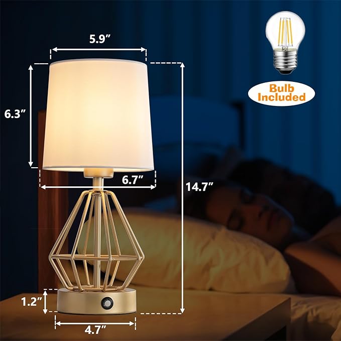 Gold Cordless Lamp,Touch Stepless Dimming,8000mAh Rechargeable Battery Table Lamp,Gold Cage Frame Wireless Lamp,White Lampshade,14.7inches Tall