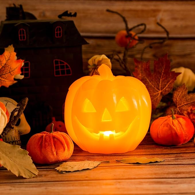 Halloween Smile Lighted Pumpkin with 10-Key Remote, Pumpkin Shaped Flameless Real Wax Flickering Candle with Timer for Home Table Centerpiece Decoration