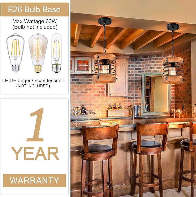 Wood Pendant Light Fixtures, Rustic Farmhouse Chandelier, Dining Room Light Fixture for Kitchen Island Foyer Hallway Bar, Height Adjustable
