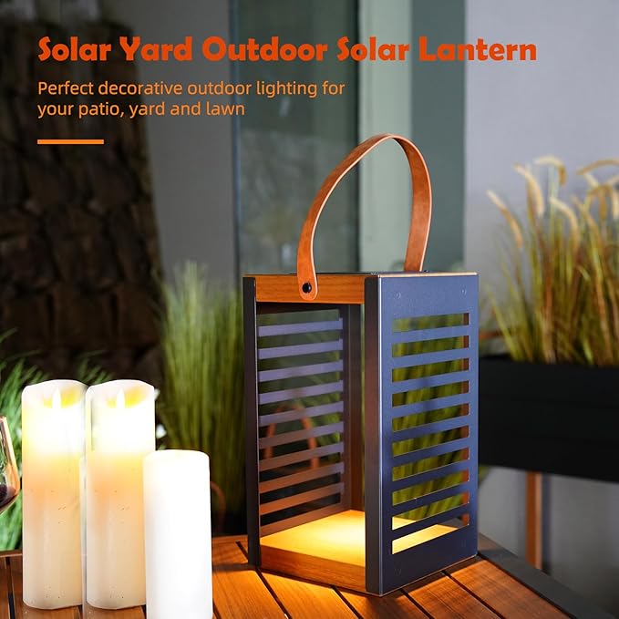 Solar Yard Outdoor Solar Lanterns, Solar Lamp Decorative Outdoor Water-Resistant Steel Table Decor with Handle for Patio, Yard, Porch, Small Black