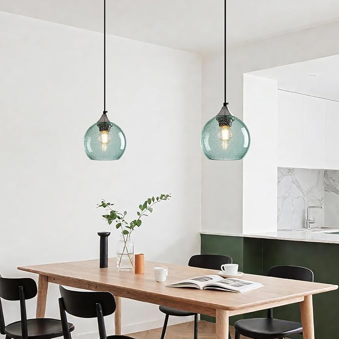 Light Green Glass Pendant Lights Kitchen Island Globe Pendant Light Fixtures Modern Pendant Lighting for Bedroom Living Dining Room Light Fixture (5.9 in, 2 Pack)