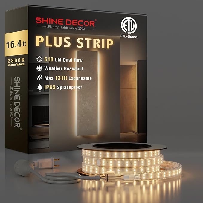 Shine Decor Plus LED Strip Lights AC 120V, Connectable Double Row Bright Rope Light, ETL IP65 Waterproof & Weather-Resistant for Accent Lighting, 7x17mm, 2800K Warm White, 16FT