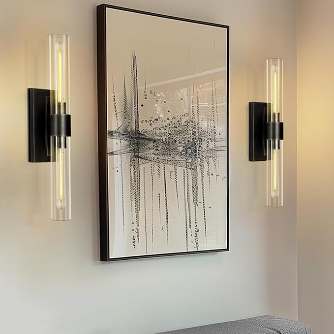 Black Wall Sconces, 22.8" Bathroom Sconces, Sconces Wall Lighting 2-Light, Bronze Wall Sconces Set of Two, Vanity Lights Tube Sconce, Glass Wall Sconce for Living Room, Bedroom, Hallway