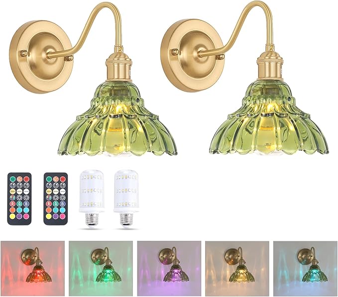Battery Operated Wall Sconce Set of 2, Vintage Rechargeable Wall Lights with Green Lily Glass Shade, Wireless Indoor Wall Lamp with Remote for Bedroom Living Room Bathroom