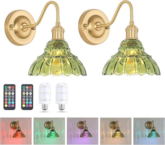 Battery Operated Wall Sconce Set of 2, Vintage Rechargeable Wall Lights with Green Lily Glass Shade, Wireless Indoor Wall Lamp with Remote for Bedroom Living Room Bathroom