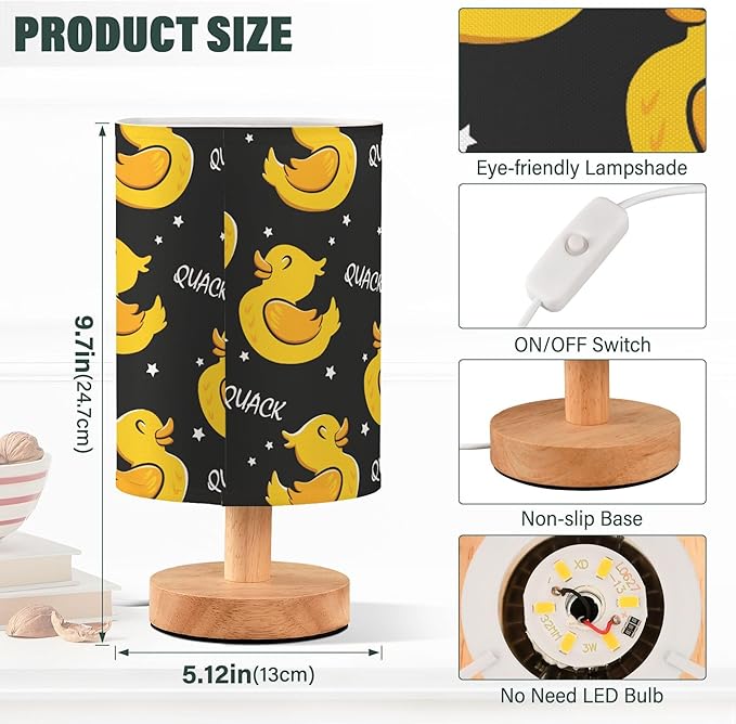 Table Lamp Cartoon Duck Stars Pattern Nightstand Lamp with Wood Base Fabric Lamp Shade Bedside Desk Lamp for Living Room Bedroom Kids Room Office