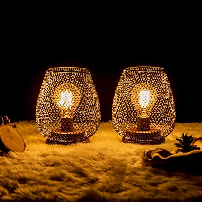 DECORKEY Set of 2 Rechargeable Lamp LED Table Lantern, Brown Metal Cage Cordless Lamps with LED Bulb，Vintage Decorative Outdoor Lantern for Weddings, Parties, Patio, Events for Indoors Shelf Decor