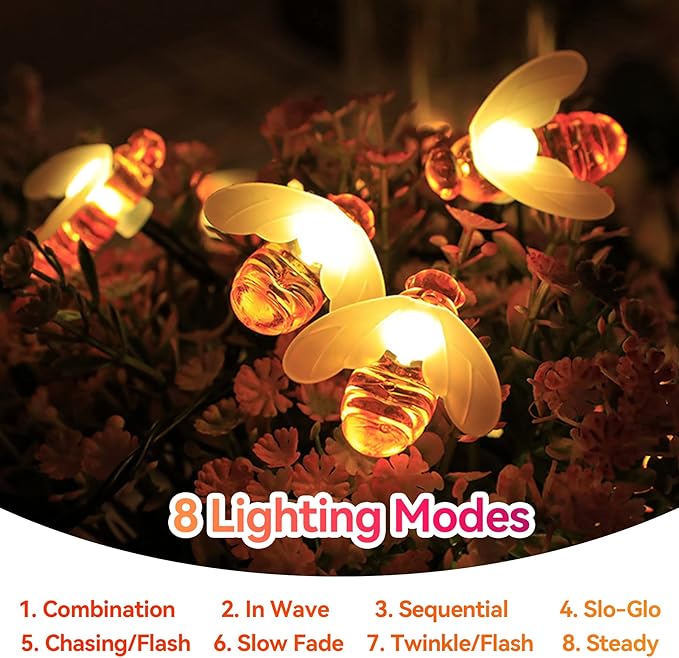 ITICdecor Solar Bee String Lights Outdoor Waterproof 50 LEDs 8 Modes Honeybee Fairy Light Outdoor Lights Patio Garden Fence Yard Wedding Christmas Tree Decor