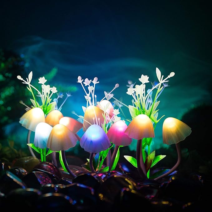 Mudder 4 Pcs Sensor Mushroom Night Lights LED Night Lights 7 Color Changing Plug-in Light Sensor Wall Lamp for Adults Bedroom, Bathroom, Christmas Party Gift(Float Grass Style)