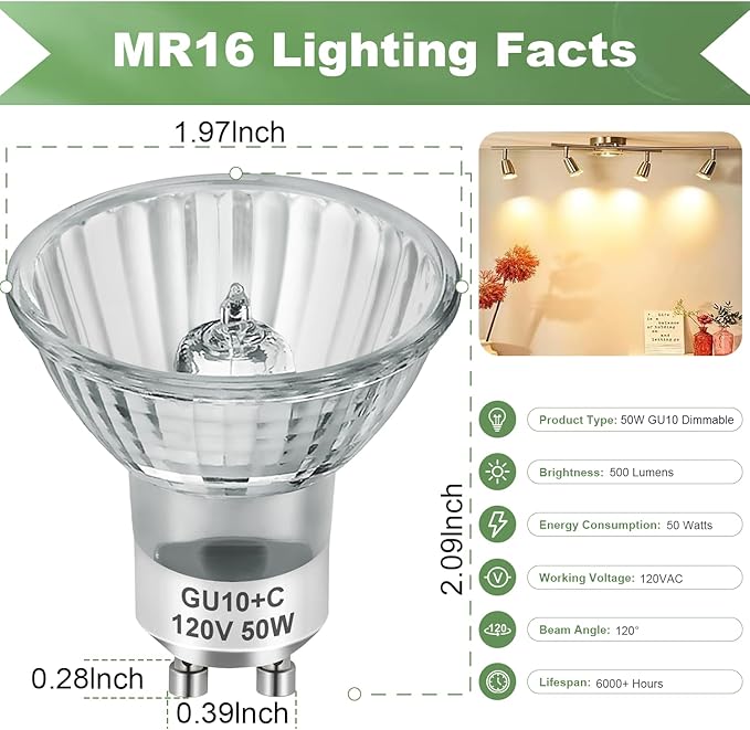 GU10 120V 50W Halogen Light Bulbs for Track and Range Hood, GU10+C Candle Warmer Lamp with Dimmable, 2700K Warm White, 6000+Hours Long-Lasting Pack of 6