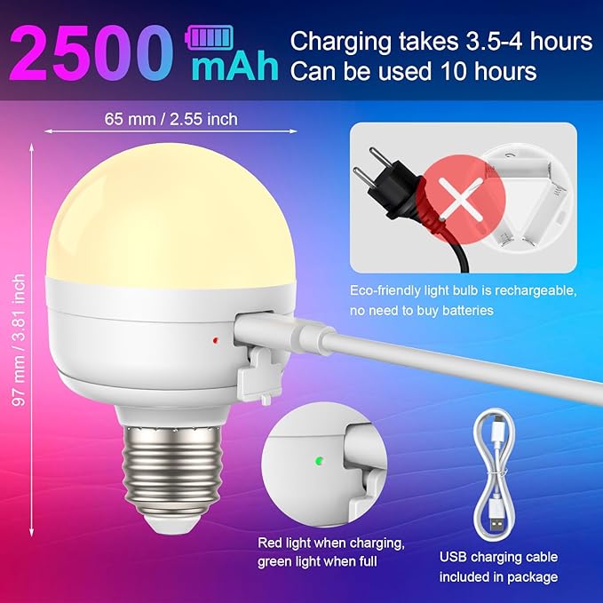 SCOPOW 2Packs E26 Rechargeable Light Bulbs with Remote, 6W 450lm Battery Operated Magnetic Light Bulbs 2500mAh, 15 RGB Color, Timer, Dimmer for Non-Hardwired Lamp