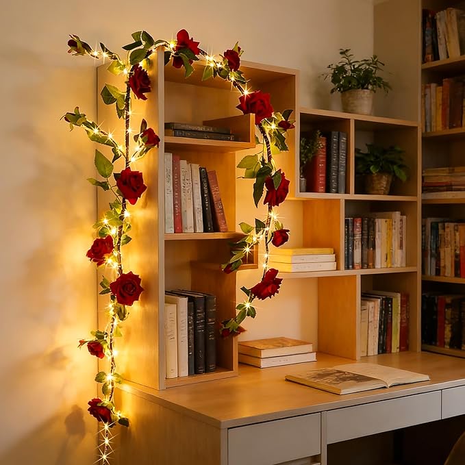 GOESWELL Rose Flowers Vines Garland Lights: 6FT Artificial Flower Vine Lights for Room Wall Decor - Fake Red Roses Hanging Vine Light Indoor for Wedding Arch Backdrop Decorations