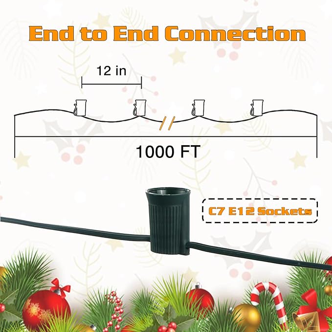 1000FT C7 Light String Christmas Stringer, E12 Christmas Sockets 12" Spacing, C7 Stringer Set Green Outdoor String Light for Wedding Patio Event Lighting Decor, Green Wire