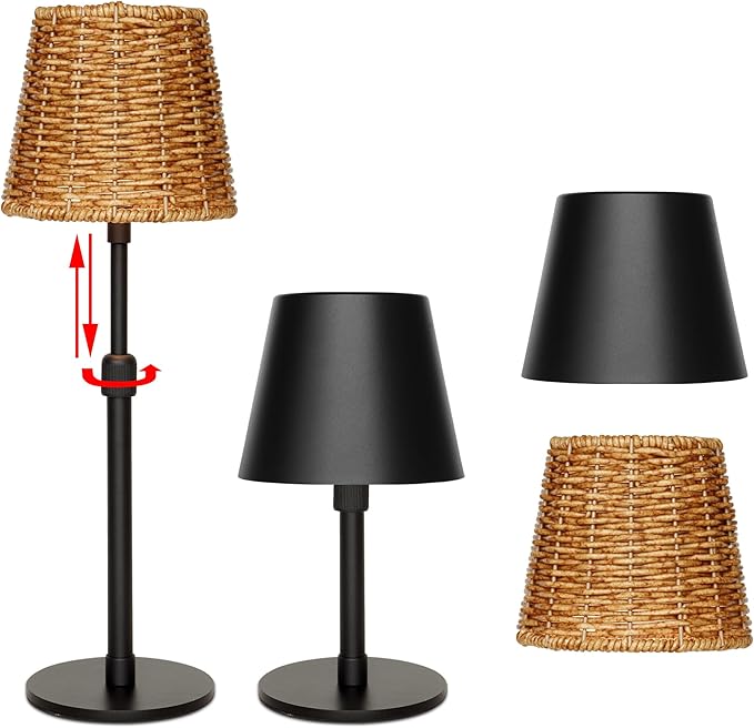 Mr.White Outdoor Waterproof Rechargeable Cordless Table Lamp with Telescopic Pole & Wicker Shade, 5200mAh Battery Operated Table Light with Touch Control, for Patio Restaurant Kitchen (Black 2 Pack)