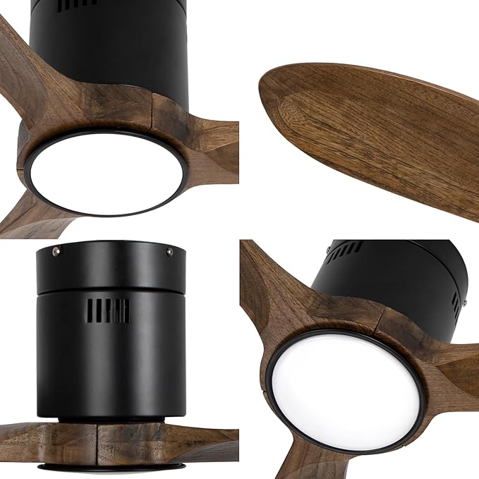 VACILL Wood Flush Mount Ceiling Fan with Light and Remote,52 inch Low Profile Ceiling Fan,Wooden Fan 3 Blades,6 Speed,LED Dimmable,DC Motor(Amber Wood)
