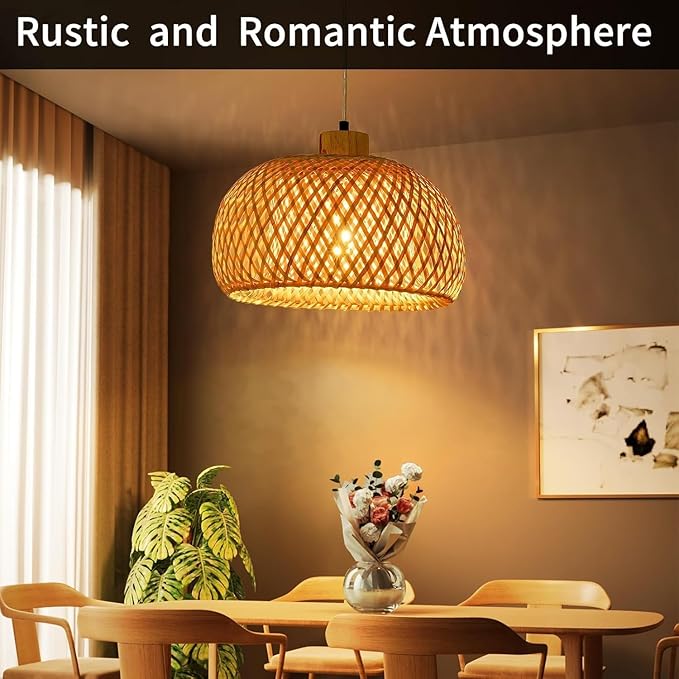 18inch Bamboo Rattan Pendant Lights, Hand-Woven Wicker Boho Hanging Ceiling Lights Fixture, Beige Pendant Lamp Rustic Farmhouse Chandelier for Kitchen Island, Dining Room, Bedroom, Living Room