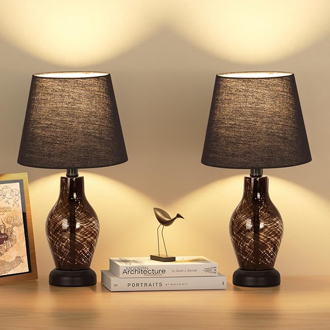 ONEWISH Small Bedside Table Lamp Set of 2, Wine Bottle Shape Glass Body, Warm Ambient Lighting, Bulb Included, 14" Height, Black