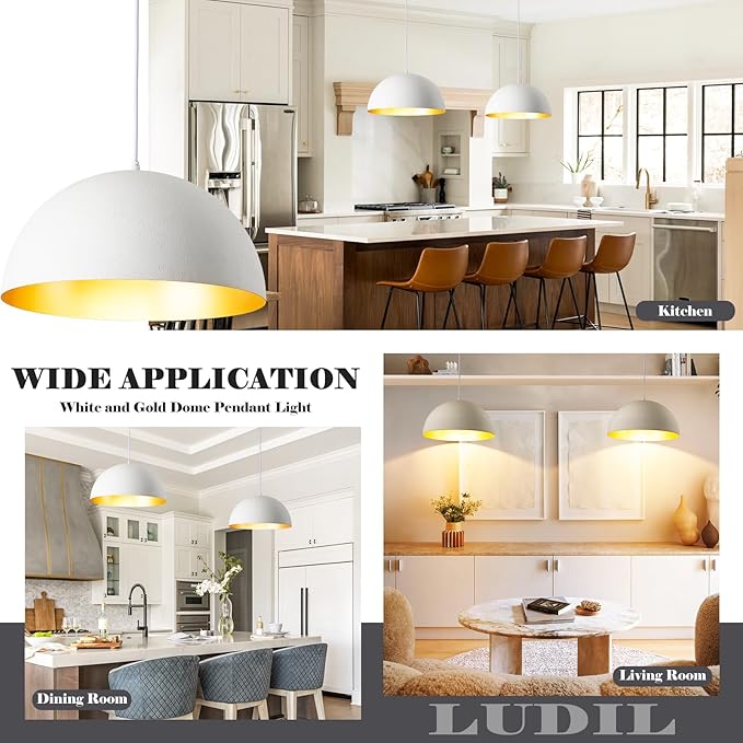 16” Large Dome Pendant Light Fixtures, White and Gold Hemispheric Pendant Lights Kitchen Island, Modern Adjustable Hanging Ceiling Light Chandelier for Kitchen Island Living Room Dining Room, 2 Pack