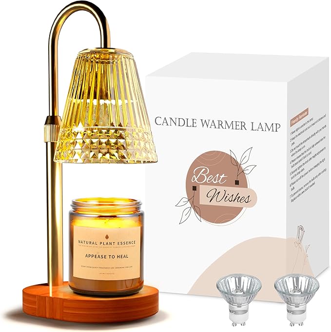 TATAANTY Candle Warmer Lamp with Timer Dimmable, Height-Adjustable Candle Warmer with 2 Bulbs, Gifts for Women, Golden Shade, Wood Base