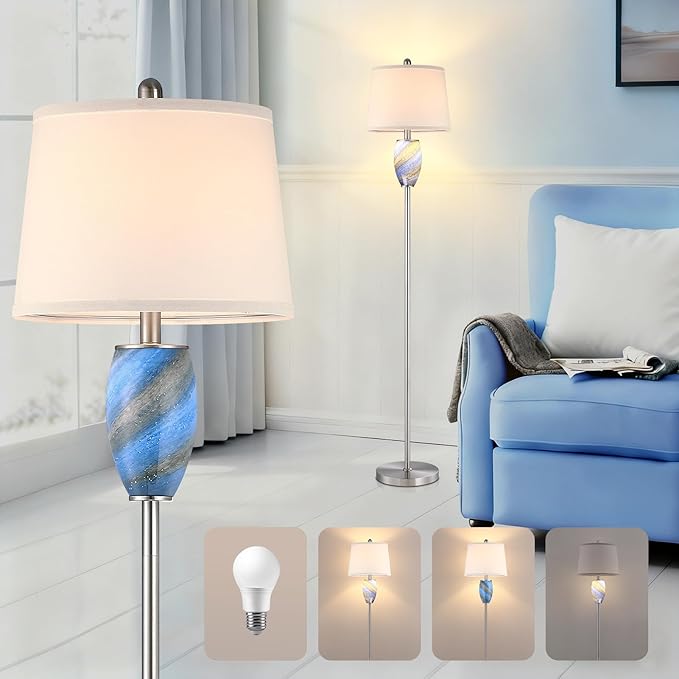 Modern Floor Lamp with Nightlight for Living Room, Bedroom, Stained Glass Blue Lamp for Living Room Decor, Mid Century 65" Tall Standing Corner Lamp(Bulb Included)
