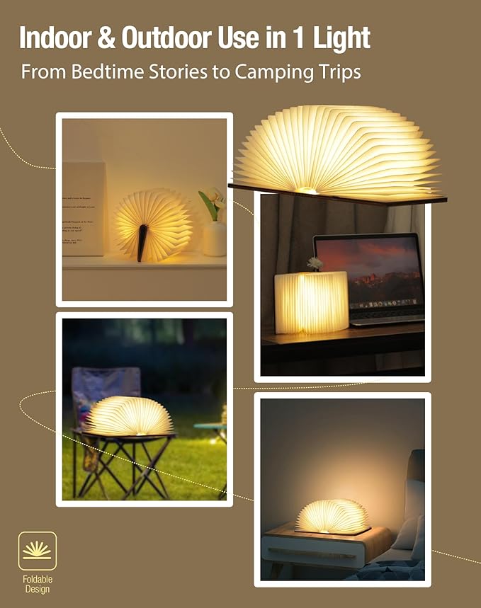 5.7 Inch Wooden Book Lamp - Portable Folding LED Book Light for Reading, Home & Library Decor, Unique Gift for Book Lovers, Magnetic Night Light (Walnut)