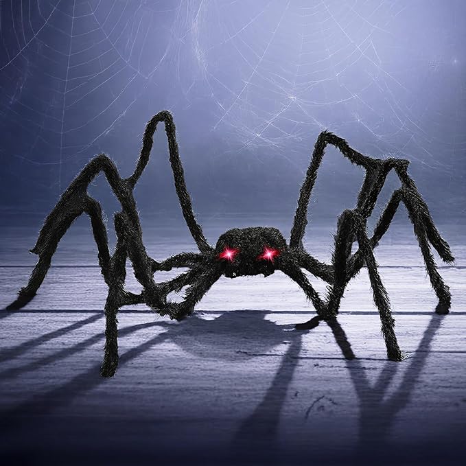 PREXTEX Halloween Spider with Light Up Eyes (LED Lights) - Decorations 4 Ft Hairy Spider Prop with Giant LED Red Eyes - Halloween Decor for Indoor, Outdoor, Golf Cart, Wall - Door Hanger