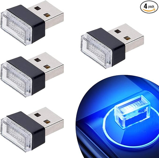 Febrytold 4Pcs Blue USB Car Interior Atmosphere Lamps, Universal Mini Led USB Lights for Car Decoration, Lighting