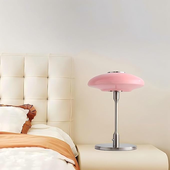 LIGHTLAND Nordic Medieval Table Lamp, Vintage Metal Glass Bedside Lamp with Toggle Switch and 3 Color Light Bulbs, Decorative Table Lamp for Study Bedroom Living Room (Pink+Chrome, 12.6 * 16.5 Inch)