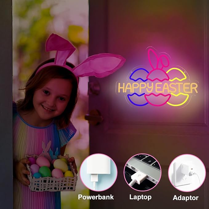 Happy Easter Neon Signs for Wall Decor, Easter Bunny Ears and Eggs Decorations Gifts, USB Dimmable LED Neon Lights Sign Party Decor for Bedroom Window Door Yard Bar Classroom Church