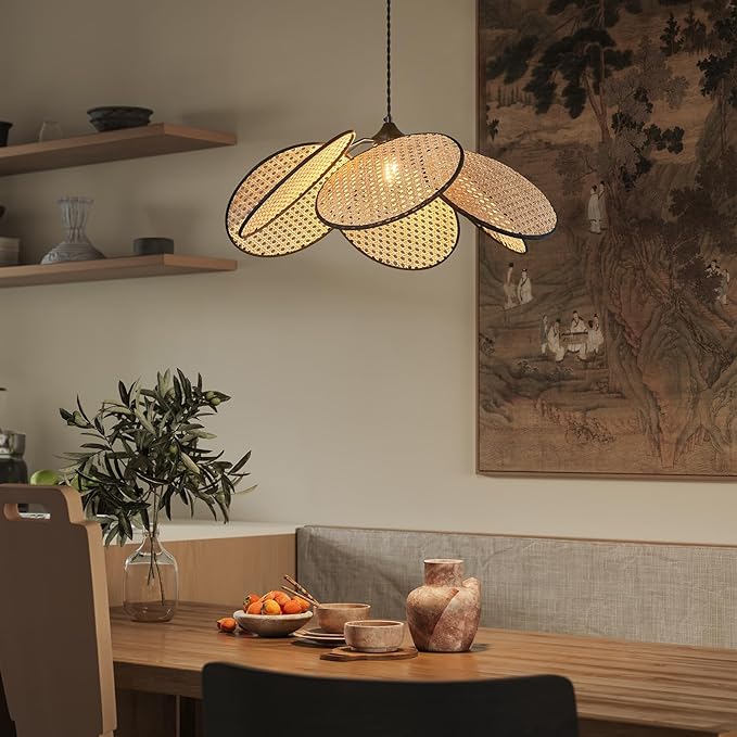 Boho Chandelier, Hemp Rope Pendant Light Hand-Woven Rattan Hanging Lamp Wicker Pendant Lighting Fixture for Dining Living Room Island Kitchen Bedroom