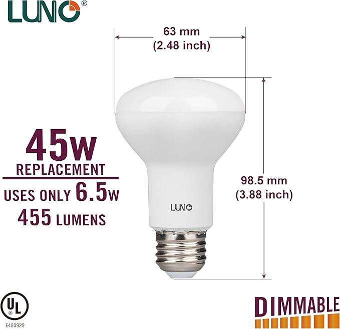 LUNO R20 Dimmable LED Bulb, 6.5W (45W Equivalent), 455 Lumens, 2700K (Soft White), Medium Base (E26), UL Listed (4-Pack)