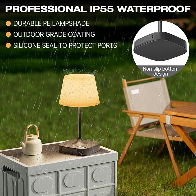 Lightbiz Outdoor Table Lamp, Shower Lamp with 8000mAh Cordless Rechargeable Battery, IP55 Waterproof, 3 Colors & 5 Brightness, Dimmable LED Display Bath Lamp for Camping,Bedroom,Patio,Bathroom(Black)