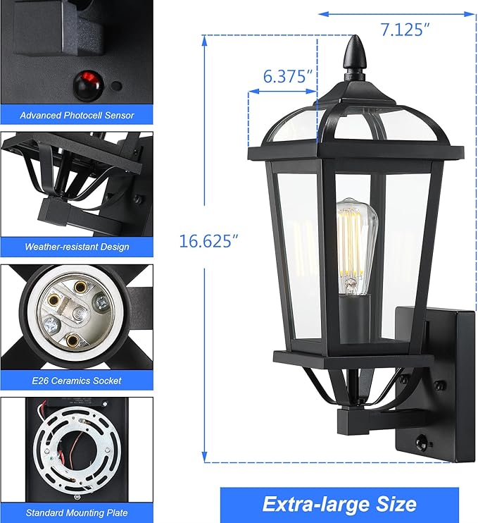2-Pack Motion Sensor Outdoor Wall Lantern, Dusk to Dawn Outside Modern Lighting Fixtures, Black Exterior Porch Lamp Lighting, Waterproof Outdoor Wall Sconce for Patio (Glass Cover)
