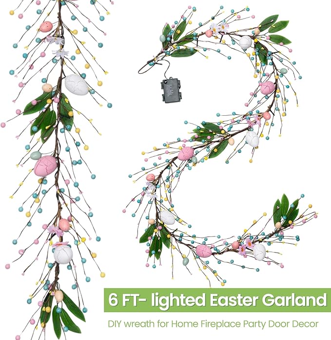 6 FT Pre-Lit Easter Garland with 20 LED Lights & 8 Mode Timer, Mixed Pastel Easter Pip Berry Spring Galand for Mantle Decorations, Lighted Artificial Easter Egg Garland for Fireplace Table Holiday