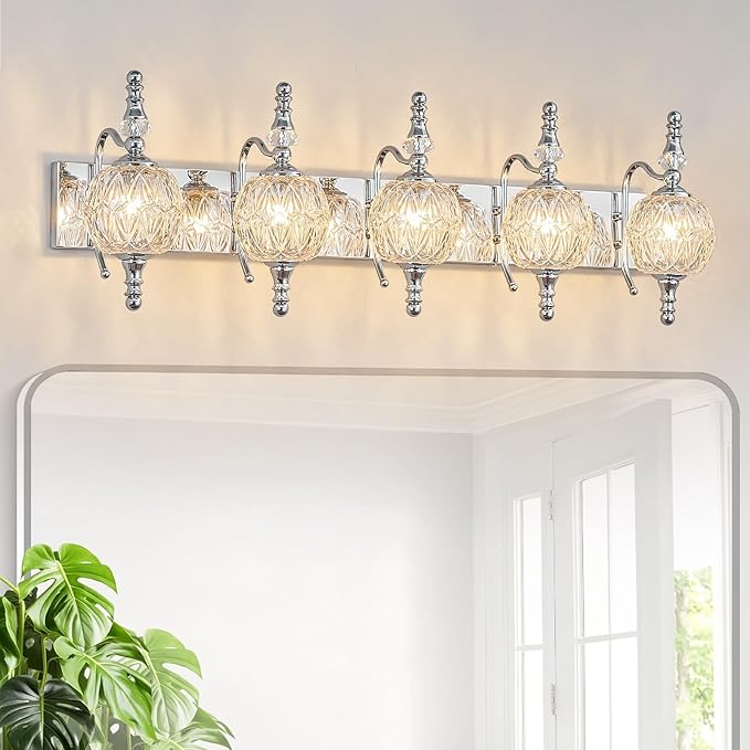 Modern Crystal Bathroom Vanity Lights Fixtures Over Mirror Chrome Vintage 5-Lights 36 Inch Bathroom Light Fixtures Glass Crystal Vanity Lights