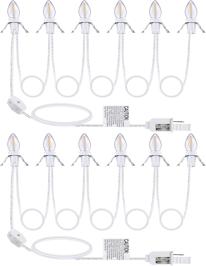 Christmas Village Light Accessory Cord with 6 LED Bulb, 11.5 ft C7 LED Lamp with Dual Fuse and On/Off Switch Plugs for Christmas Village House Crafts Pumpkin Lights(2 Pack)