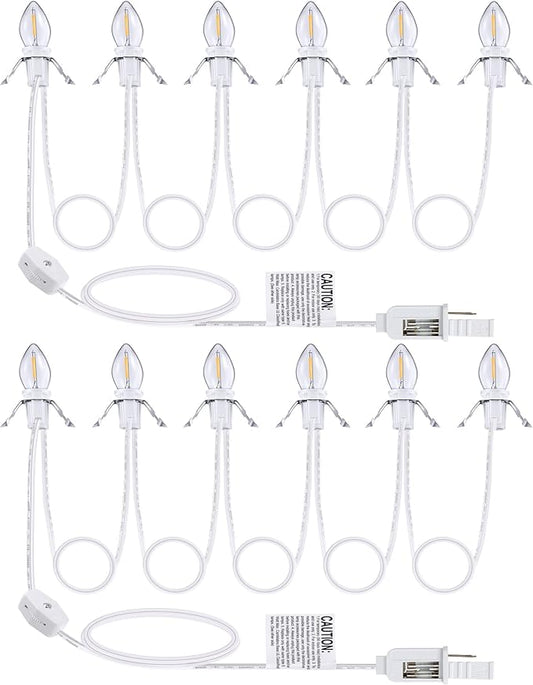 Christmas Village Light Accessory Cord with 6 LED Bulb, 11.5 ft C7 LED Lamp with Dual Fuse and On/Off Switch Plugs for Christmas Village House Crafts Pumpkin Lights(2 Pack)