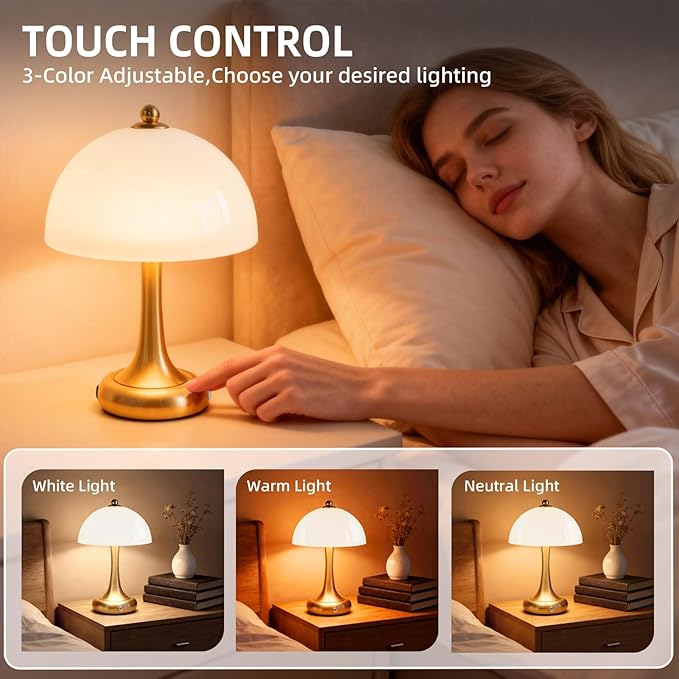Rechargeable Cordless Table Lamp, Mushroom Touch Lamp with 3-Way Dimmable Control, 3000mAh Battery Powered LED Desk Lamp, Small Bedside Lamp for Bedroom, USB Charging, Home & Office Decor, Silver