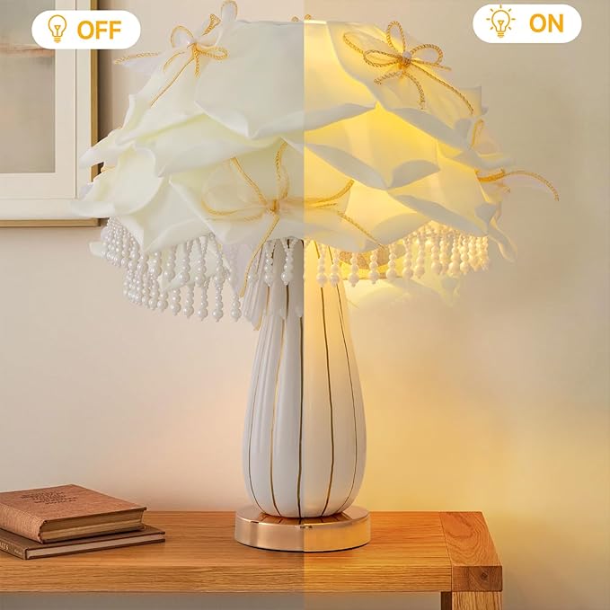White Flower Girls Table Lamp Modern Princess Desk Lamp Cute Bow Bedside Lamp Nordic Nightstand Petal Light for Bedroom Valentines Dating Wedding Living Room Entry Office Study Room